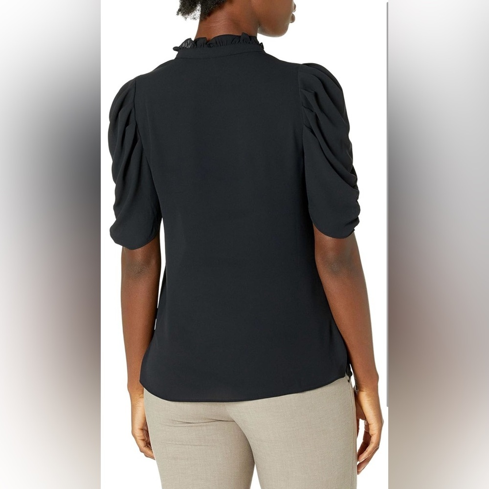 Lark & Ro Women's Georgette Half Sleeve Ruffle Neck Woven Blouse Black Size M - Picture 2 of 9